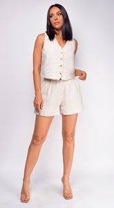 Parsa Beige Linen Vest Shorts Set